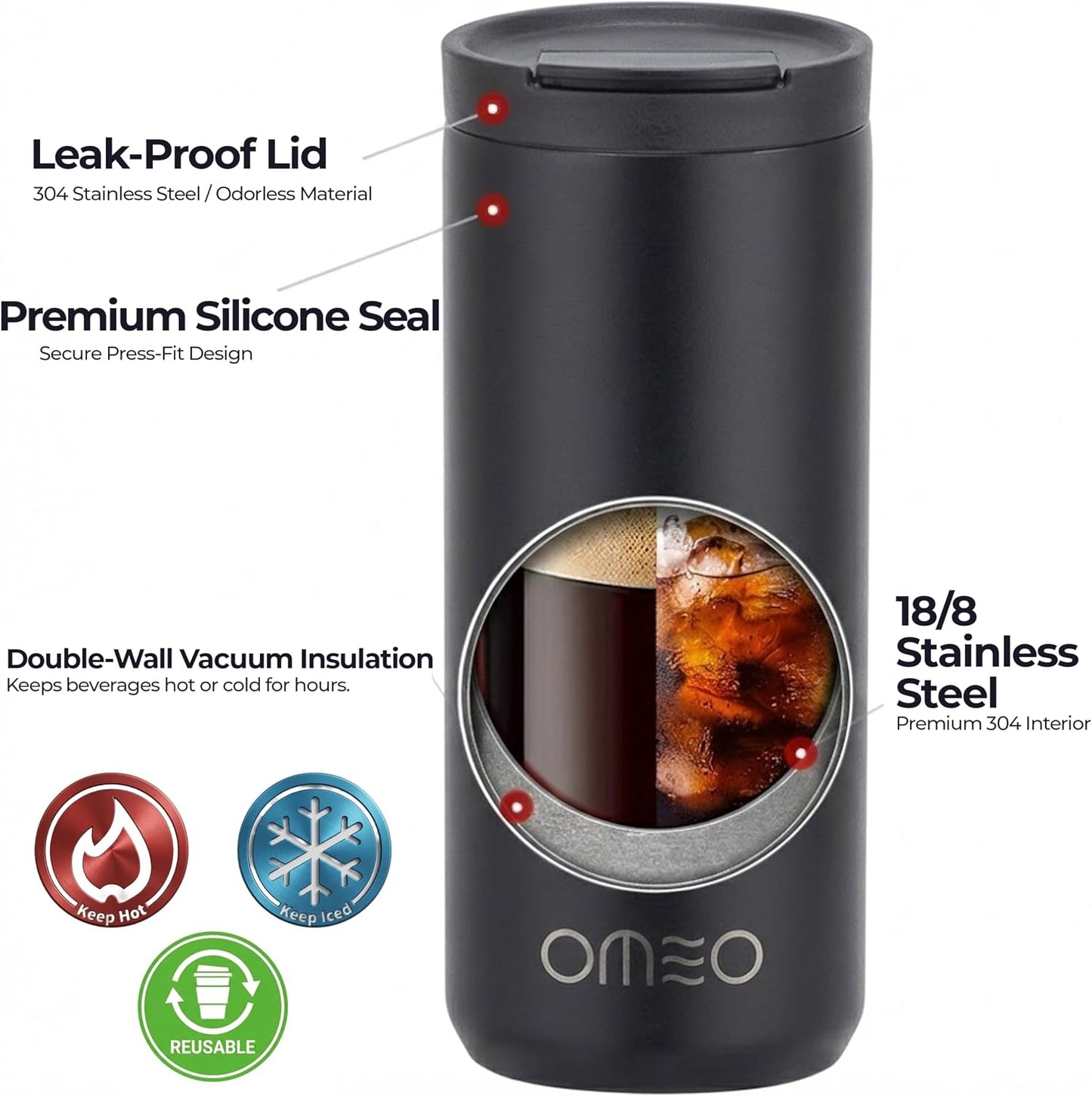 Stainless Steel Insulated Tumbler with Leak-Resistant Lid | BPA-Free, Easy Clean | Double Wall Vacuum Cup for Hot & Cold Drinks | Portable Water Bottle for Office, Outdoor&Travel (Black, 550ml)