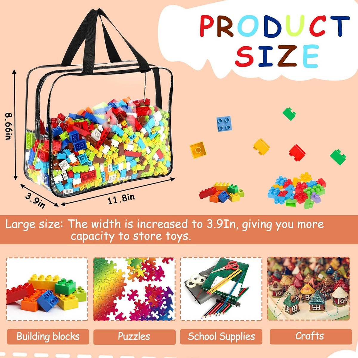 6 Packs Large Toy Storage Bags with Labels Reusable Clear Toy Organizer