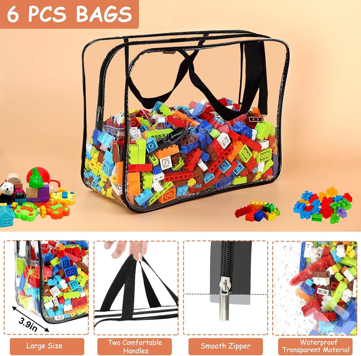 6 Packs Large Toy Storage Bags with Labels Reusable Clear Toy Organizer