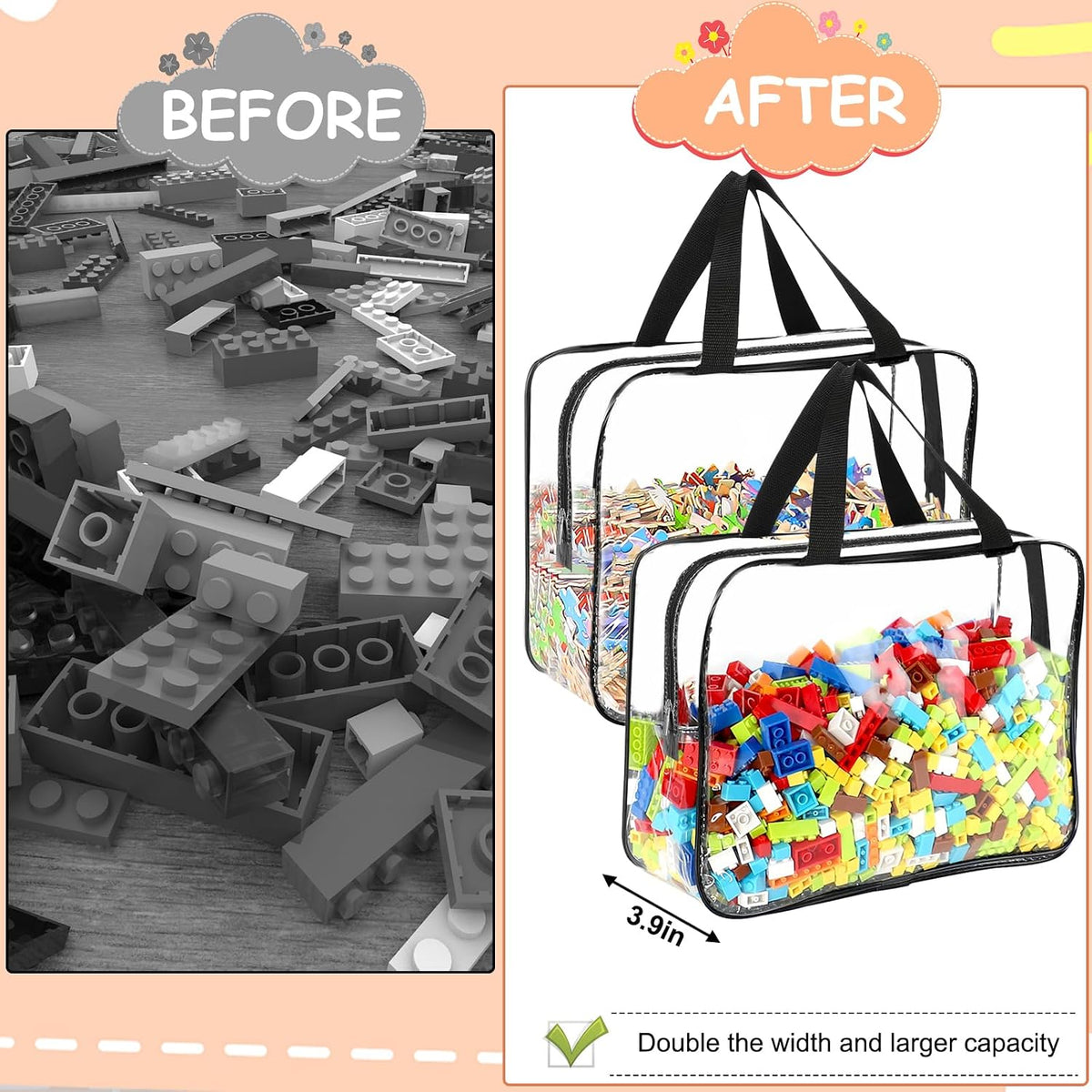 6 Packs Large Toy Storage Bags with Labels Reusable Clear Toy Organizer