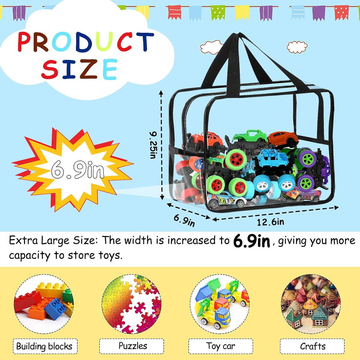 6 Packs Large Toy Storage Bags with Labels Reusable Clear Toy Organizer