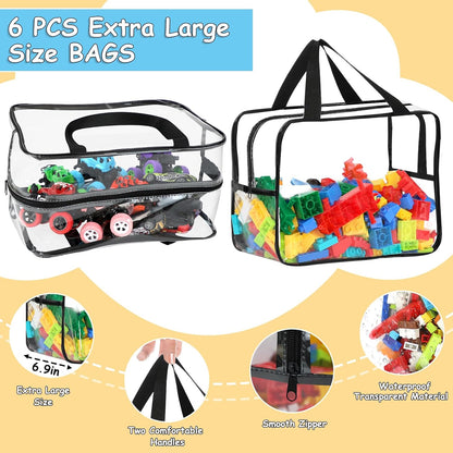 6 Packs Large Toy Storage Bags with Labels Reusable Clear Toy Organizer