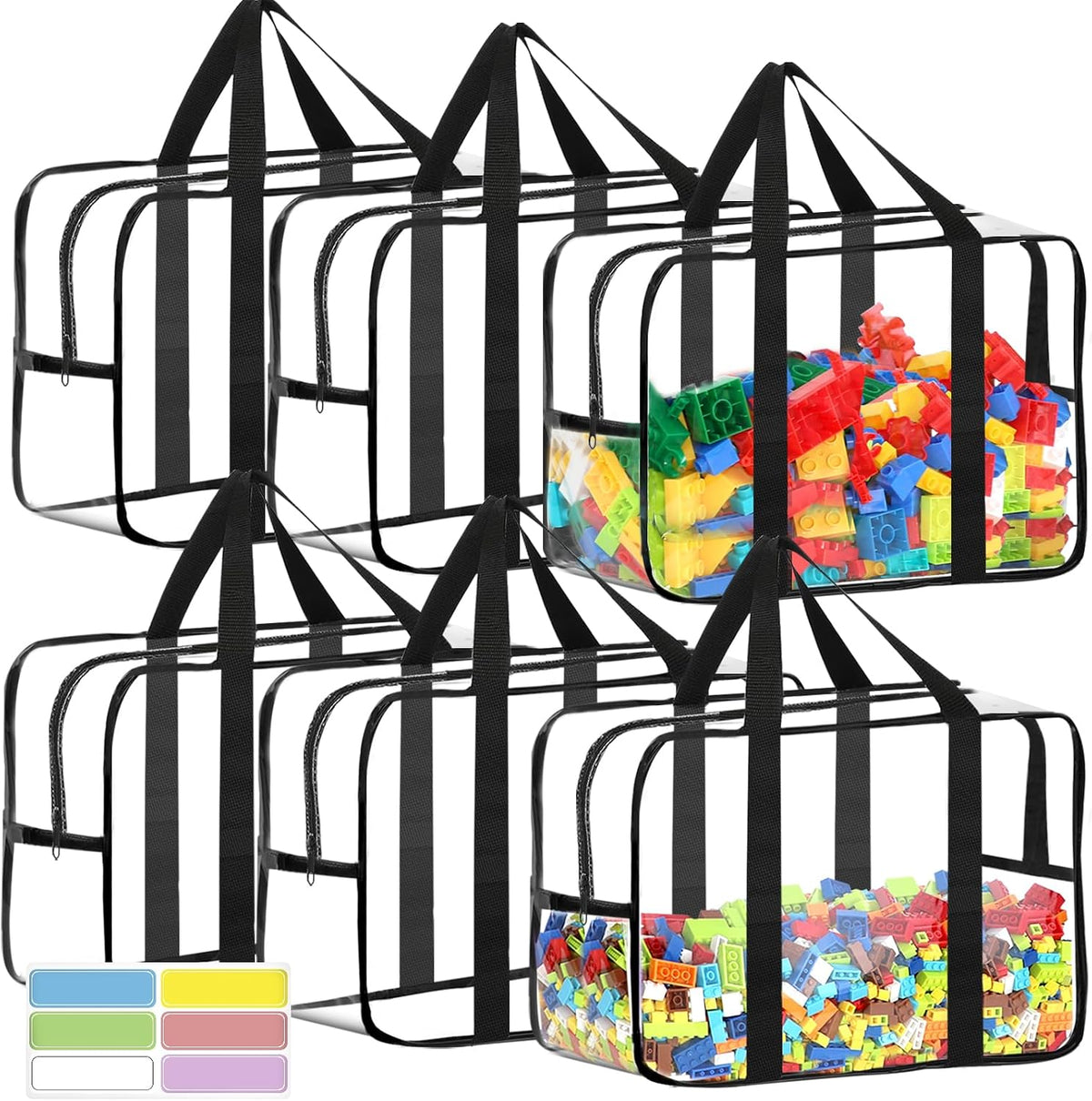 6 Packs Large Toy Storage Bags with Labels Reusable Clear Toy Organizer