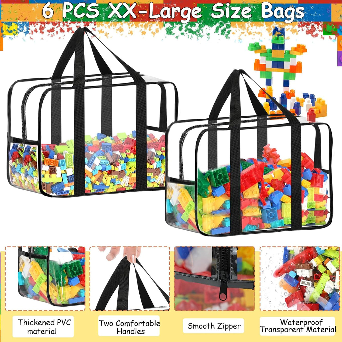 6 Packs Large Toy Storage Bags with Labels Reusable Clear Toy Organizer