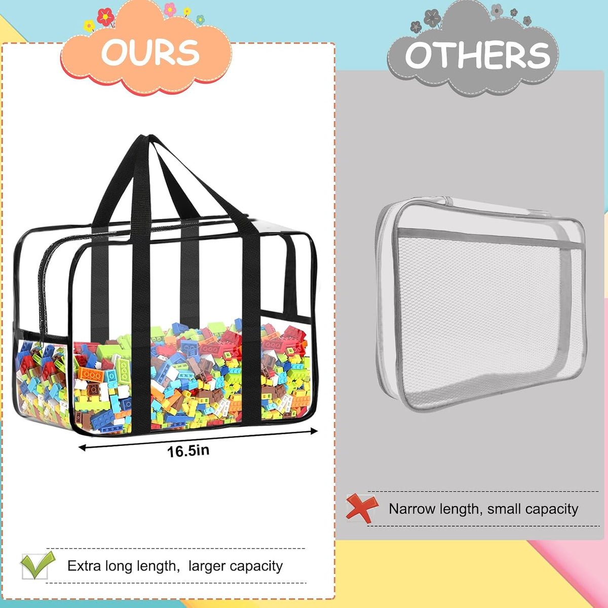 6 Packs Large Toy Storage Bags with Labels Reusable Clear Toy Organizer