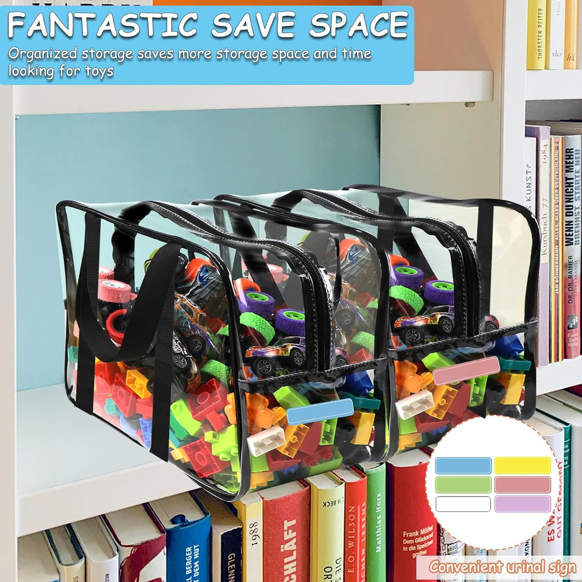 6 Packs Large Toy Storage Bags with Labels Reusable Clear Toy Organizer