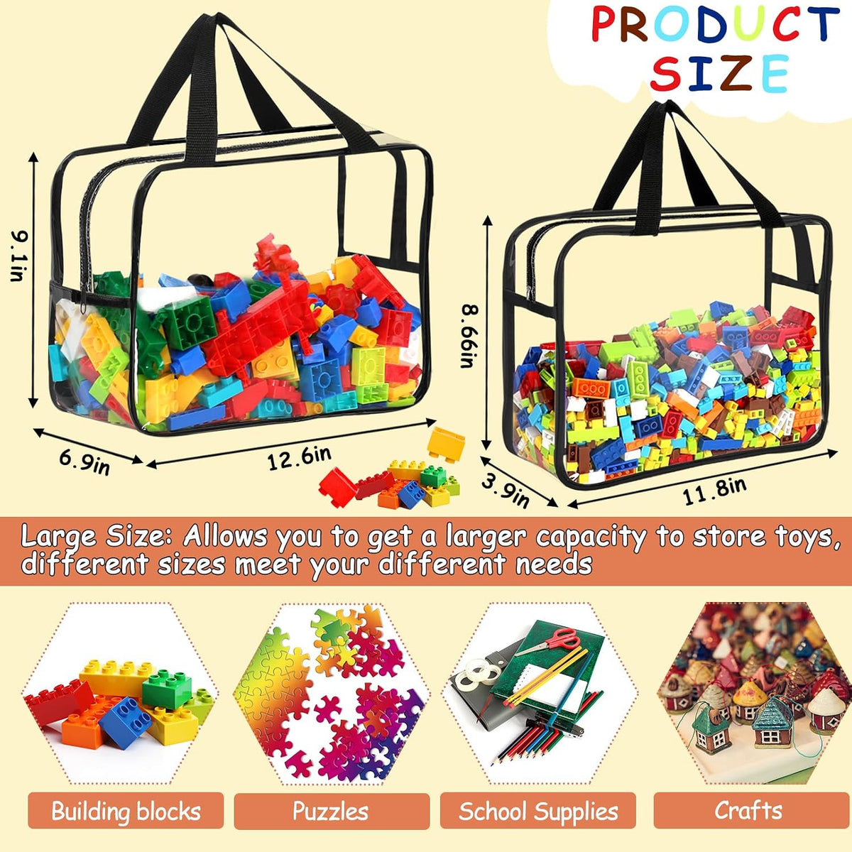 6 Packs Large Toy Storage Bags with Labels Reusable Clear Toy Organizer