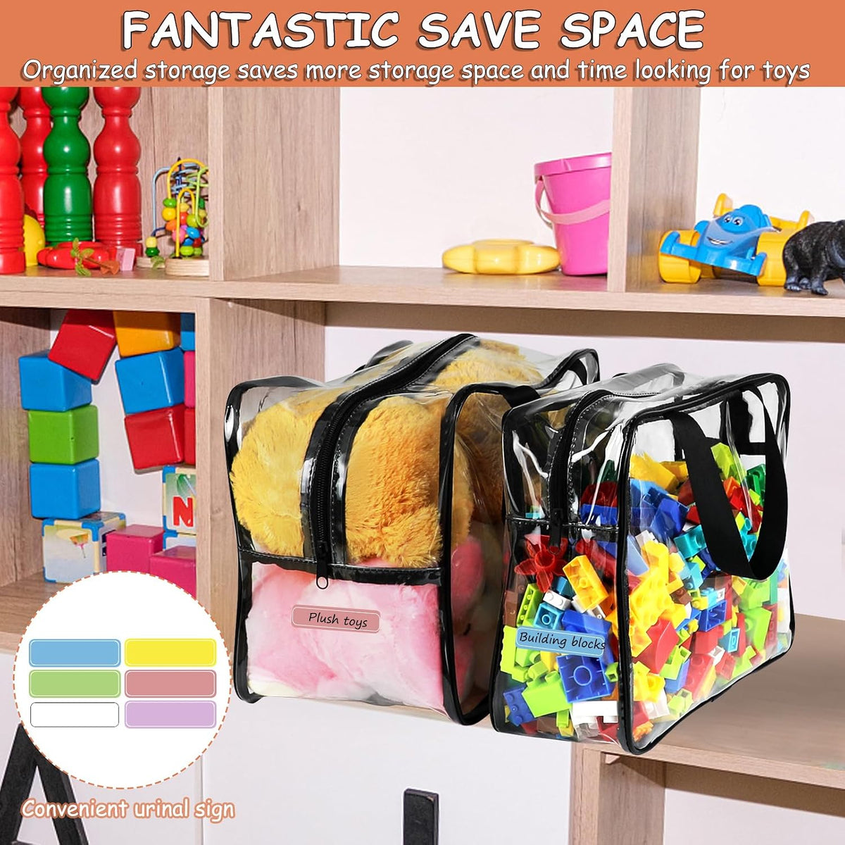 6 Packs Large Toy Storage Bags with Labels Reusable Clear Toy Organizer
