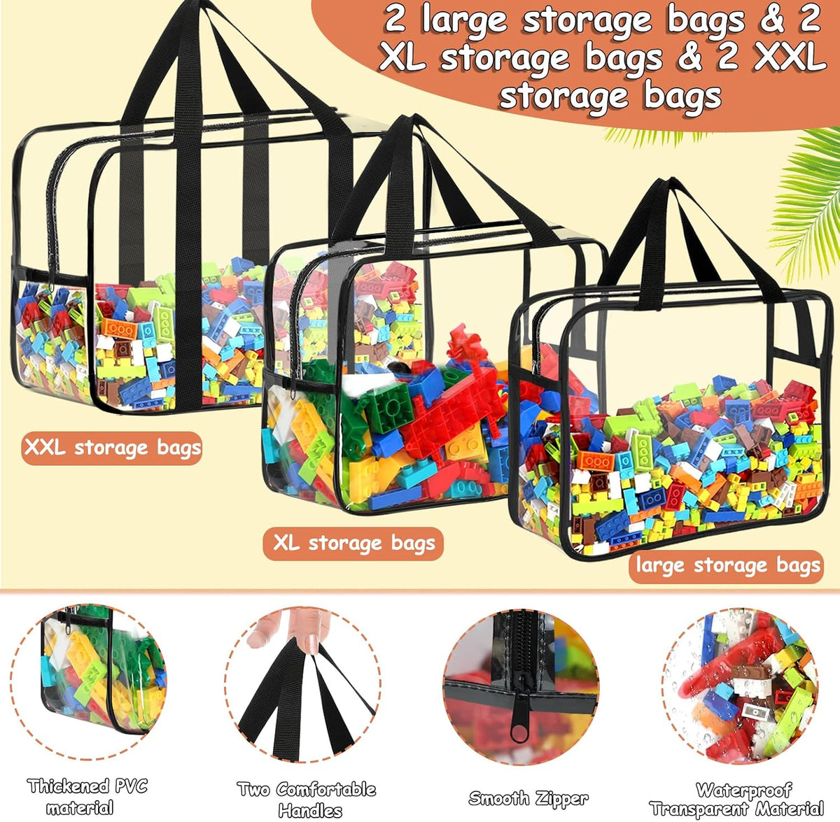 6 Packs Large Toy Storage Bags with Labels Reusable Clear Toy Organizer