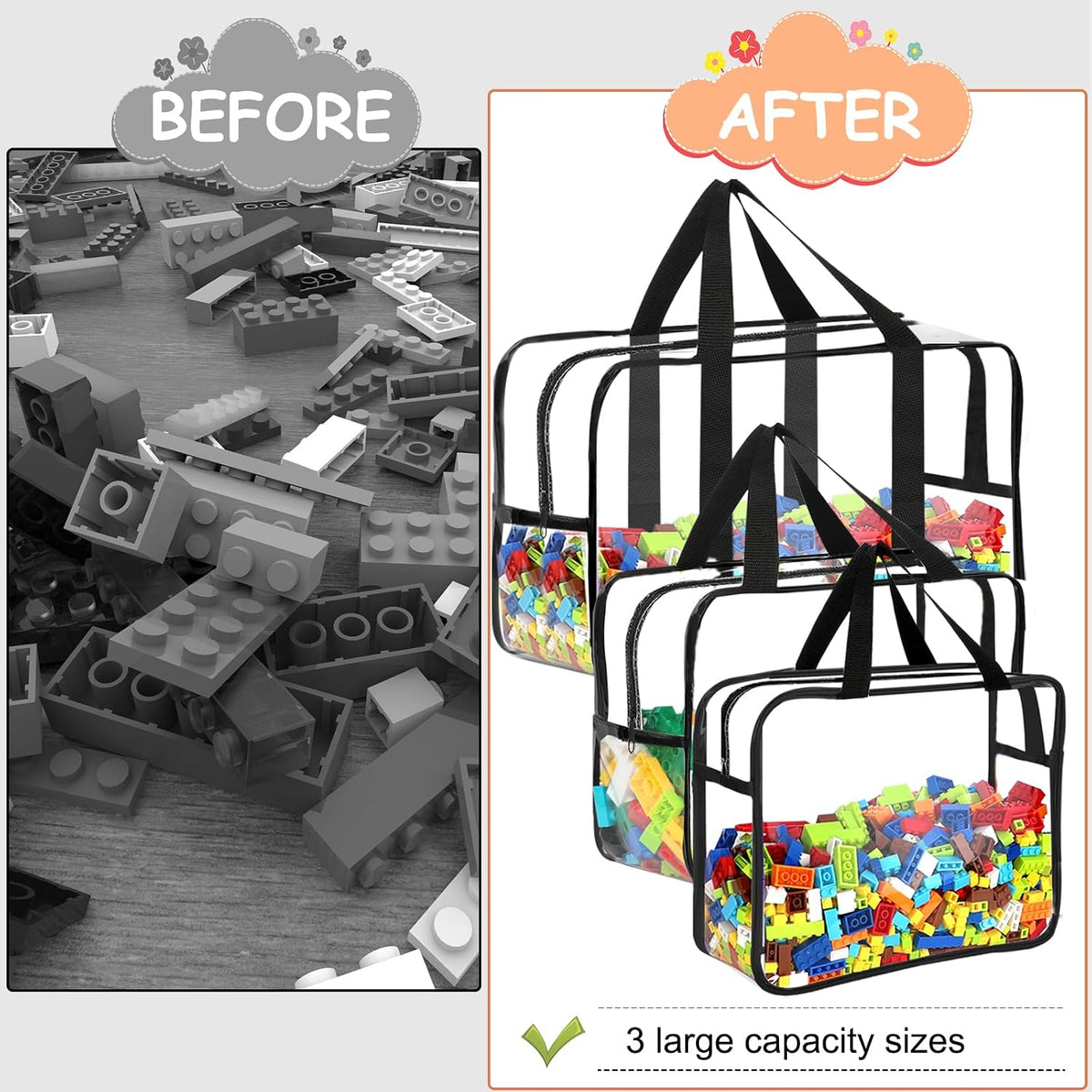 6 Packs Large Toy Storage Bags with Labels Reusable Clear Toy Organizer