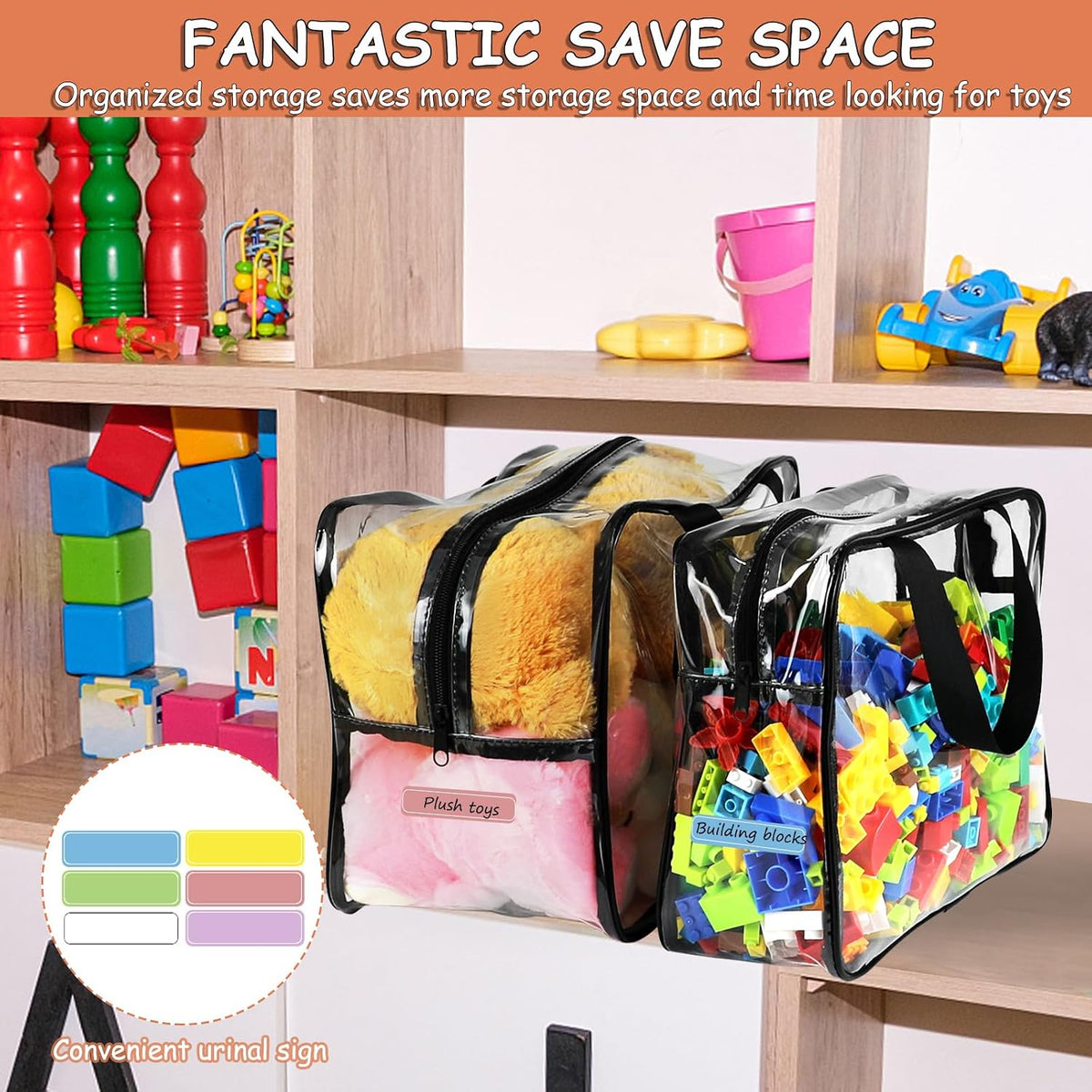 6 Packs Large Toy Storage Bags with Labels Reusable Clear Toy Organizer