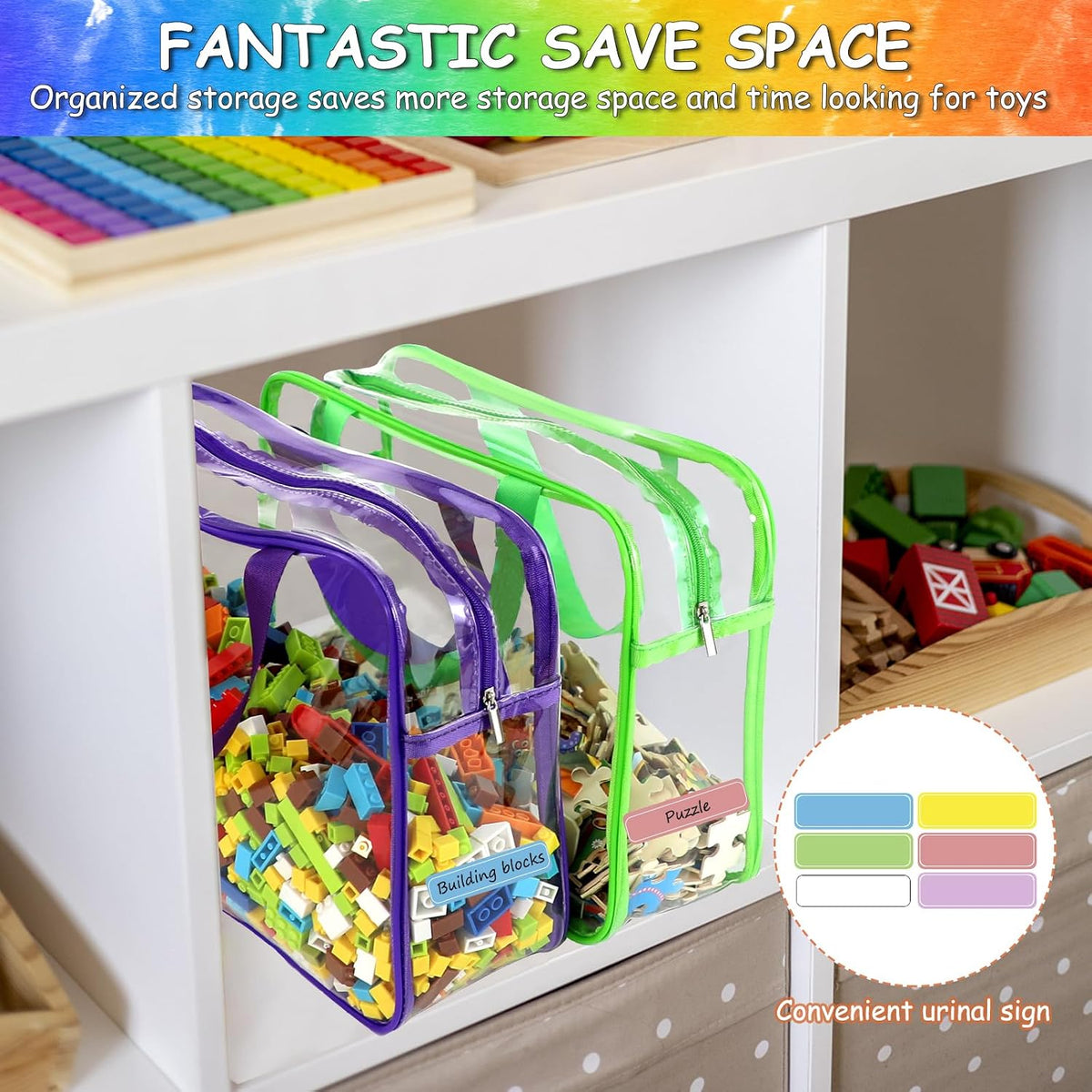 6 Packs Large Toy Storage Bags with Labels Reusable Clear Toy Organizer