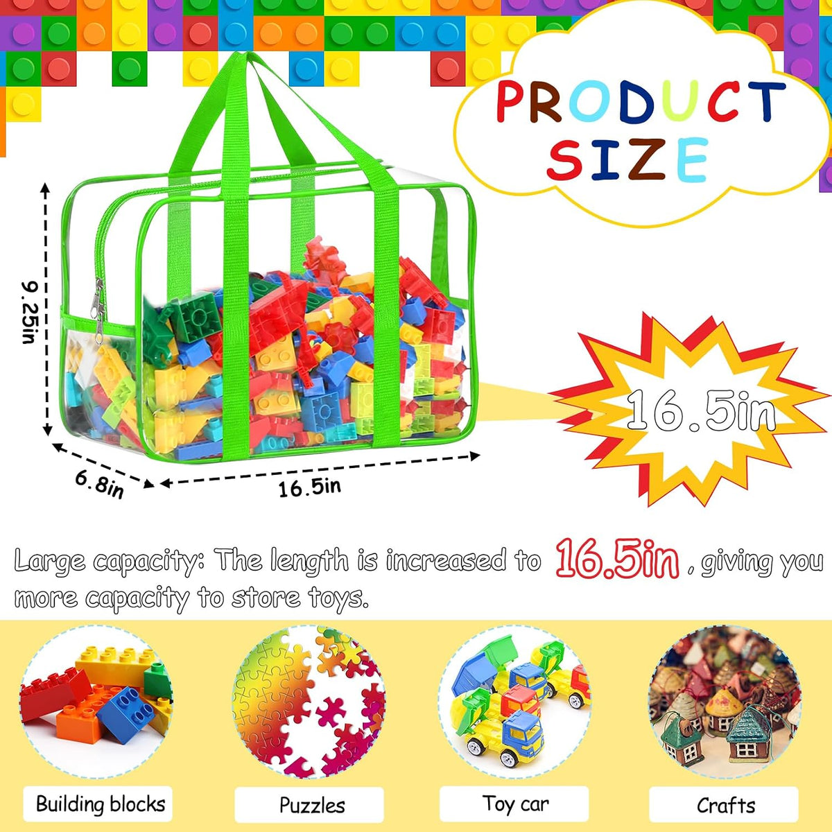 6 Packs Large Toy Storage Bags with Labels Reusable Clear Toy Organizer