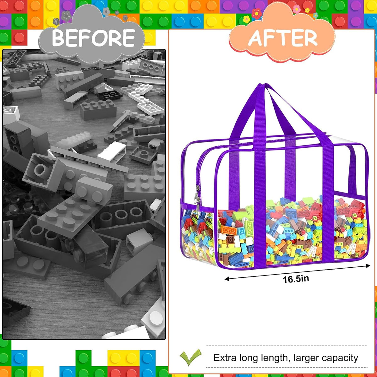 6 Packs Large Toy Storage Bags with Labels Reusable Clear Toy Organizer