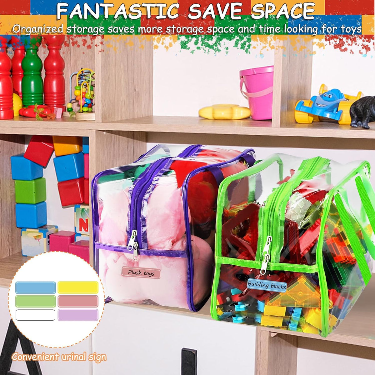 6 Packs Large Toy Storage Bags with Labels Reusable Clear Toy Organizer
