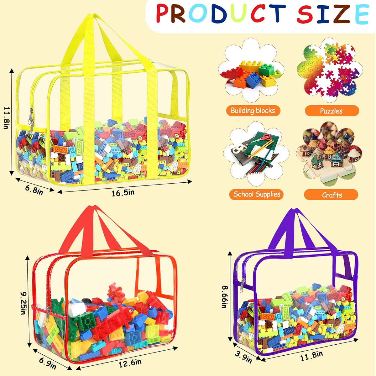 6 Packs Large Toy Storage Bags with Labels Reusable Clear Toy Organizer