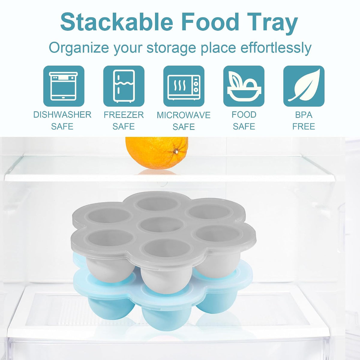 Baby Food Storage Container, Silicone Baby Food Freezer Tray with Lid,Silicone Baby Fruit Food Feeder Teether Tray, Baby Food Storage Container Ice Cube Tray Maker for Homemade Baby Food-Blue