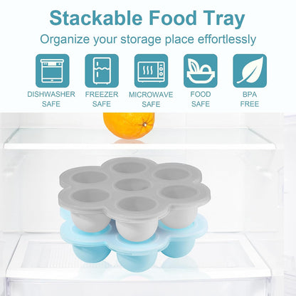 Baby Food Storage Container, Silicone Baby Food Freezer Tray with Lid,Silicone Baby Fruit Food Feeder Teether Tray, Baby Food Storage Container Ice Cube Tray Maker for Homemade Baby Food-Blue