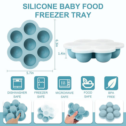 Baby Food Storage Container, Silicone Baby Food Freezer Tray with Lid,Silicone Baby Fruit Food Feeder Teether Tray, Baby Food Storage Container Ice Cube Tray Maker for Homemade Baby Food-Blue