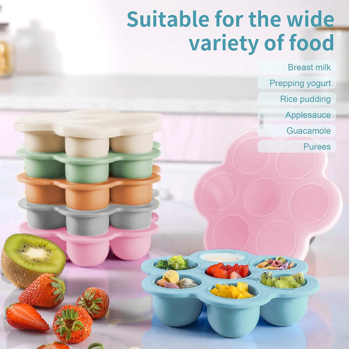 Baby Food Storage Container, Silicone Baby Food Freezer Tray with Lid,Silicone Baby Fruit Food Feeder Teether Tray, Baby Food Storage Container Ice Cube Tray Maker for Homemade Baby Food-Blue