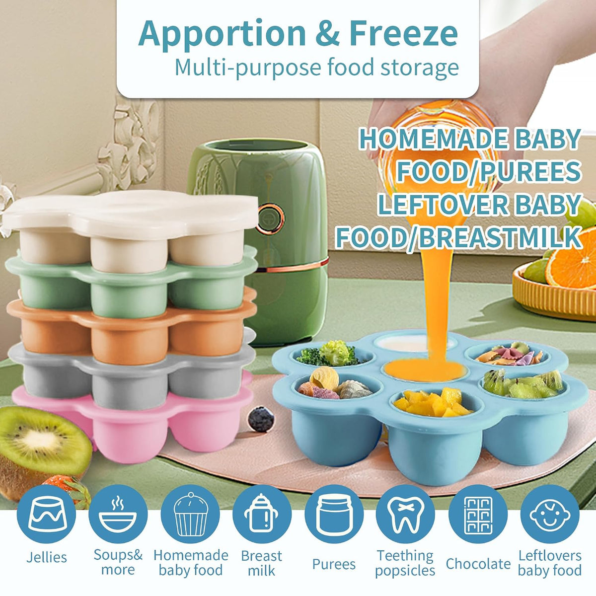 Baby Food Storage Container, Silicone Baby Food Freezer Tray with Lid,Silicone Baby Fruit Food Feeder Teether Tray, Baby Food Storage Container Ice Cube Tray Maker for Homemade Baby Food-Blue