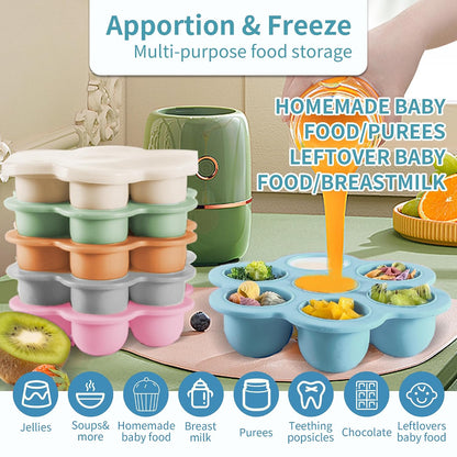Baby Food Storage Container, Silicone Baby Food Freezer Tray with Lid,Silicone Baby Fruit Food Feeder Teether Tray, Baby Food Storage Container Ice Cube Tray Maker for Homemade Baby Food-Blue