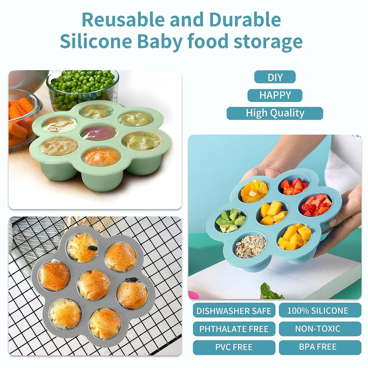 Baby Food Storage Container, Silicone Baby Food Freezer Tray with Lid,Silicone Baby Fruit Food Feeder Teether Tray, Baby Food Storage Container Ice Cube Tray Maker for Homemade Baby Food-Blue
