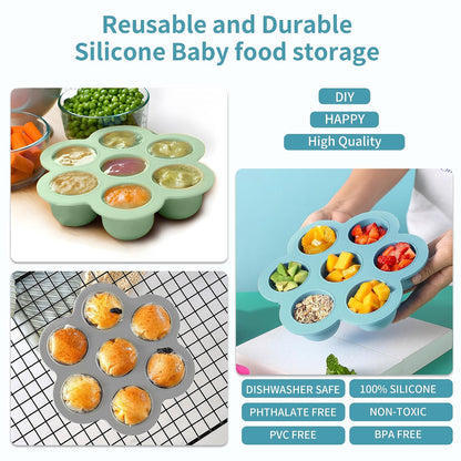 Baby Food Storage Container, Silicone Baby Food Freezer Tray with Lid,Silicone Baby Fruit Food Feeder Teether Tray, Baby Food Storage Container Ice Cube Tray Maker for Homemade Baby Food-Blue