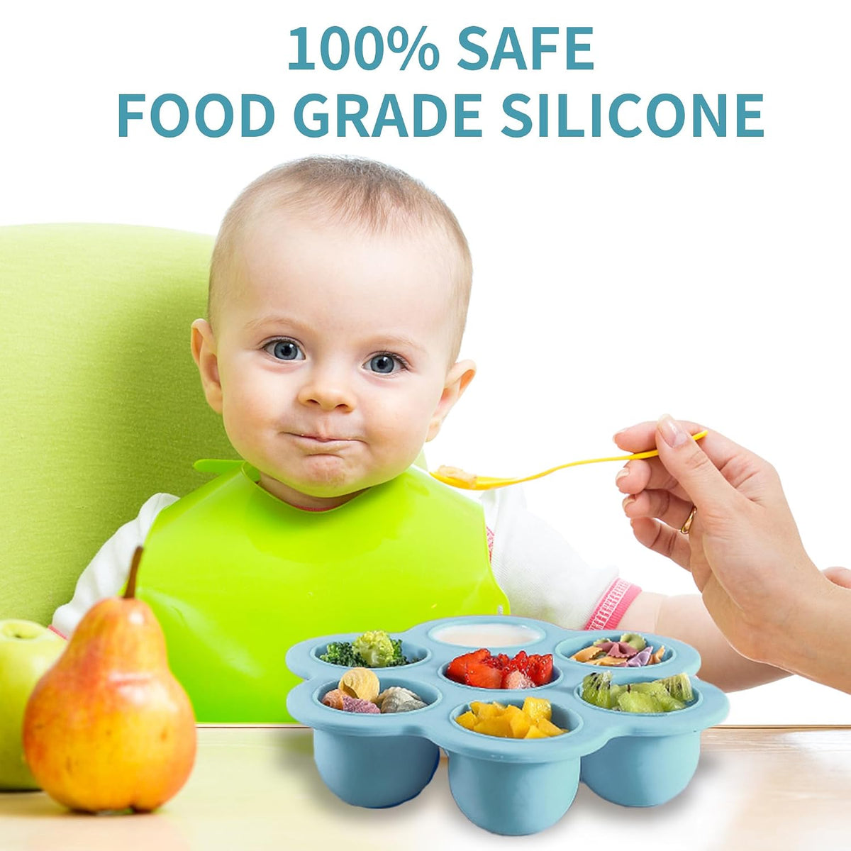 Baby Food Storage Container, Silicone Baby Food Freezer Tray with Lid,Silicone Baby Fruit Food Feeder Teether Tray, Baby Food Storage Container Ice Cube Tray Maker for Homemade Baby Food-Blue