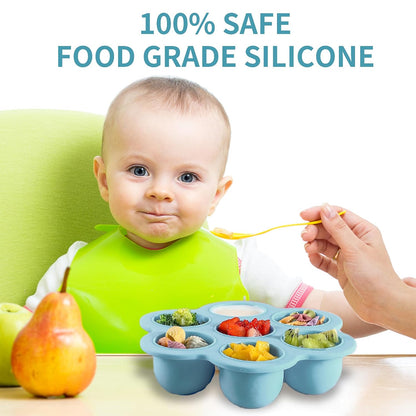 Baby Food Storage Container, Silicone Baby Food Freezer Tray with Lid,Silicone Baby Fruit Food Feeder Teether Tray, Baby Food Storage Container Ice Cube Tray Maker for Homemade Baby Food-Blue