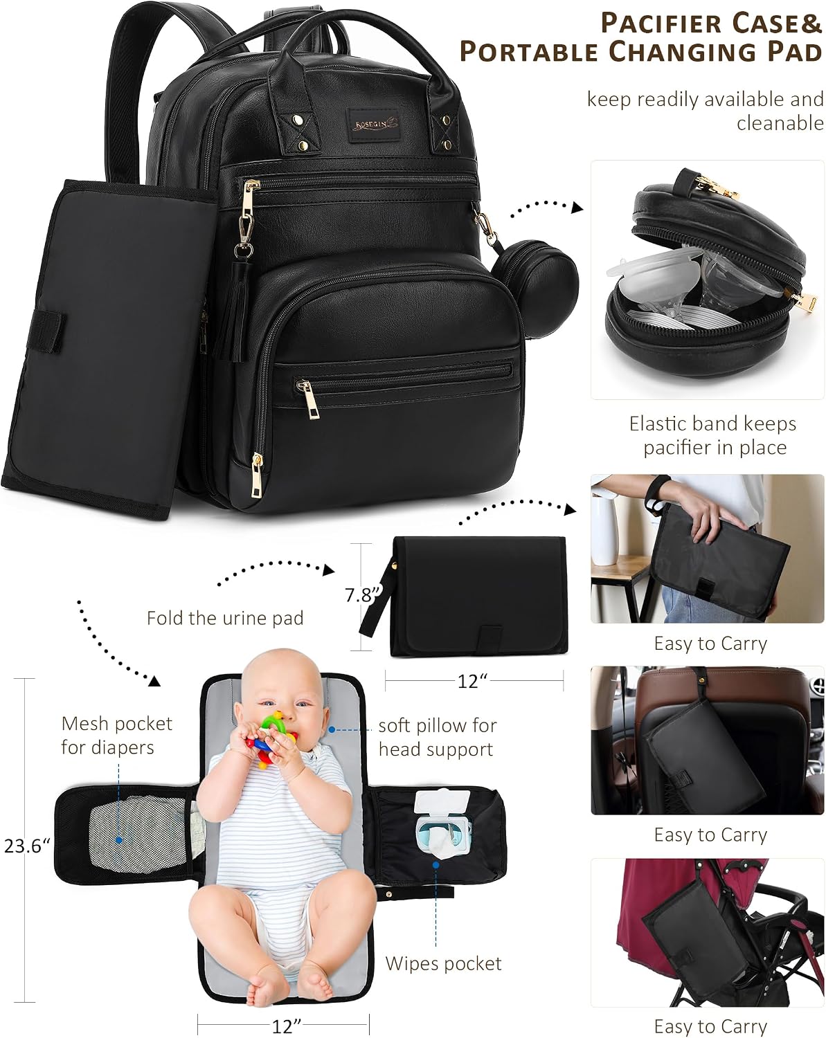 Premium Vegan Leather Diaper Bag Backpack with Waterproof Changing Pad, Reinforced Zippers & Odor-Free, 20 Pockets Pro Organizer, Fits 15.6" Laptop, Stroller Straps, Baby Bag for Mom, Grey