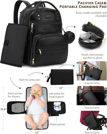 Premium Vegan Leather Diaper Bag Backpack with Waterproof Changing Pad, Reinforced Zippers & Odor-Free, 20 Pockets Pro Organizer, Fits 15.6" Laptop, Stroller Straps, Baby Bag for Mom, Grey