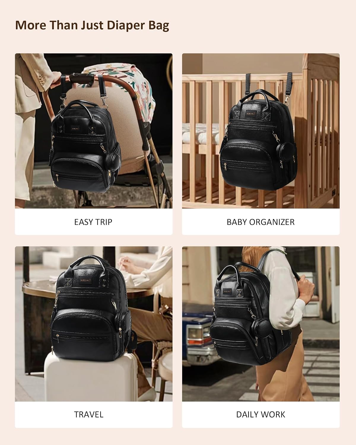 Premium Vegan Leather Diaper Bag Backpack with Waterproof Changing Pad, Reinforced Zippers & Odor-Free, 20 Pockets Pro Organizer, Fits 15.6" Laptop, Stroller Straps, Baby Bag for Mom, Grey