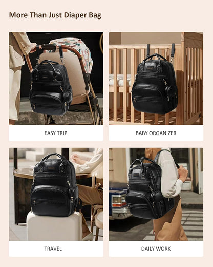 Premium Vegan Leather Diaper Bag Backpack with Waterproof Changing Pad, Reinforced Zippers & Odor-Free, 20 Pockets Pro Organizer, Fits 15.6" Laptop, Stroller Straps, Baby Bag for Mom, Grey