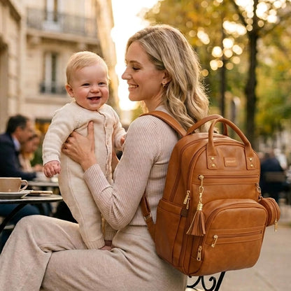 Premium Vegan Leather Diaper Bag Backpack with Waterproof Changing Pad, Reinforced Zippers & Odor-Free, 20 Pockets Pro Organizer, Fits 15.6" Laptop, Stroller Straps, Baby Bag for Mom, Grey