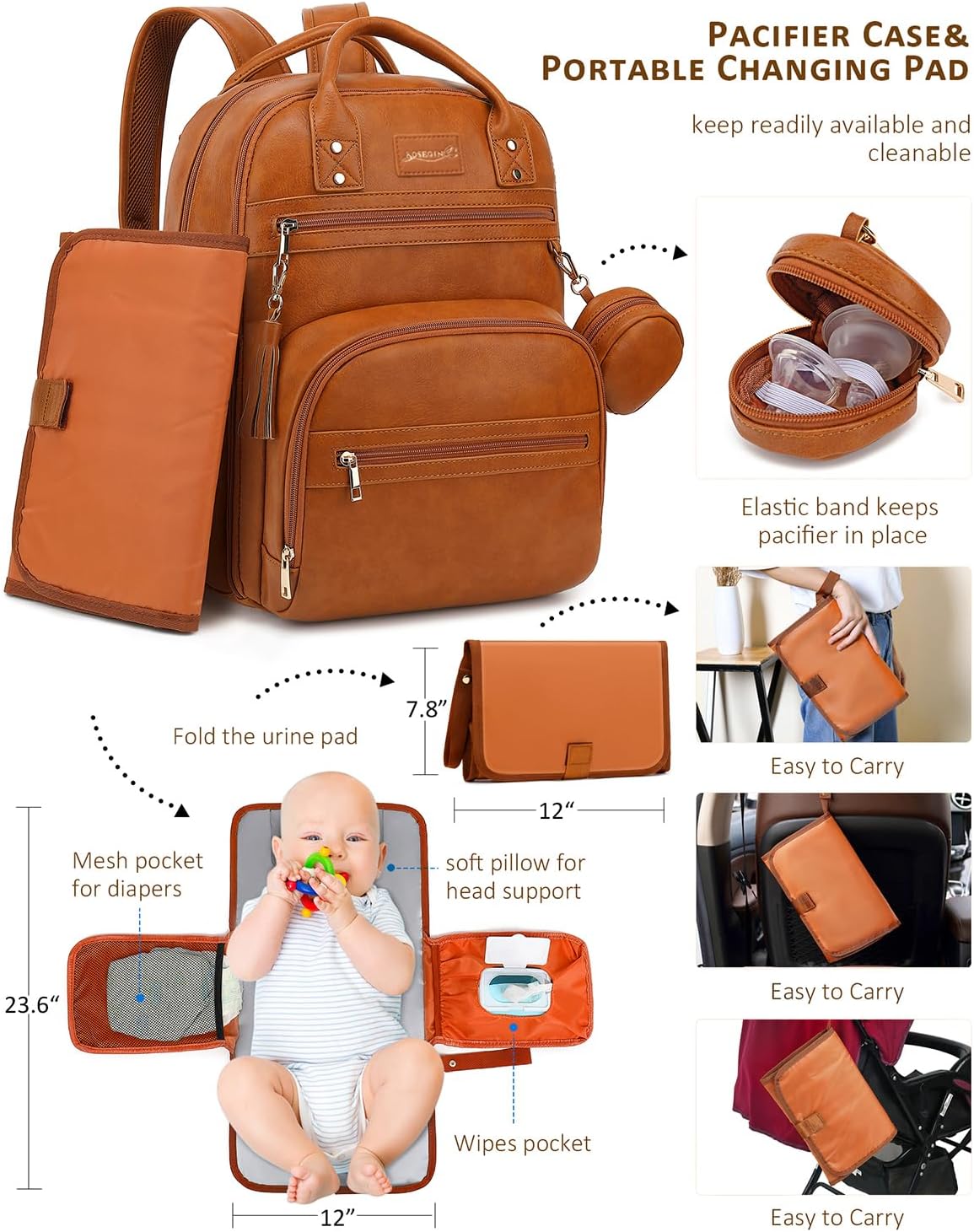 Premium Vegan Leather Diaper Bag Backpack with Waterproof Changing Pad, Reinforced Zippers & Odor-Free, 20 Pockets Pro Organizer, Fits 15.6" Laptop, Stroller Straps, Baby Bag for Mom, Grey