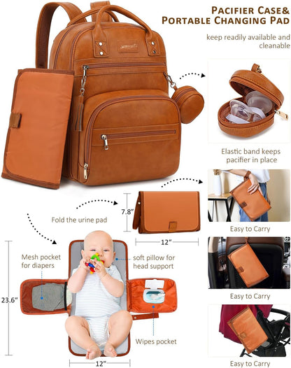 Premium Vegan Leather Diaper Bag Backpack with Waterproof Changing Pad, Reinforced Zippers & Odor-Free, 20 Pockets Pro Organizer, Fits 15.6" Laptop, Stroller Straps, Baby Bag for Mom, Grey