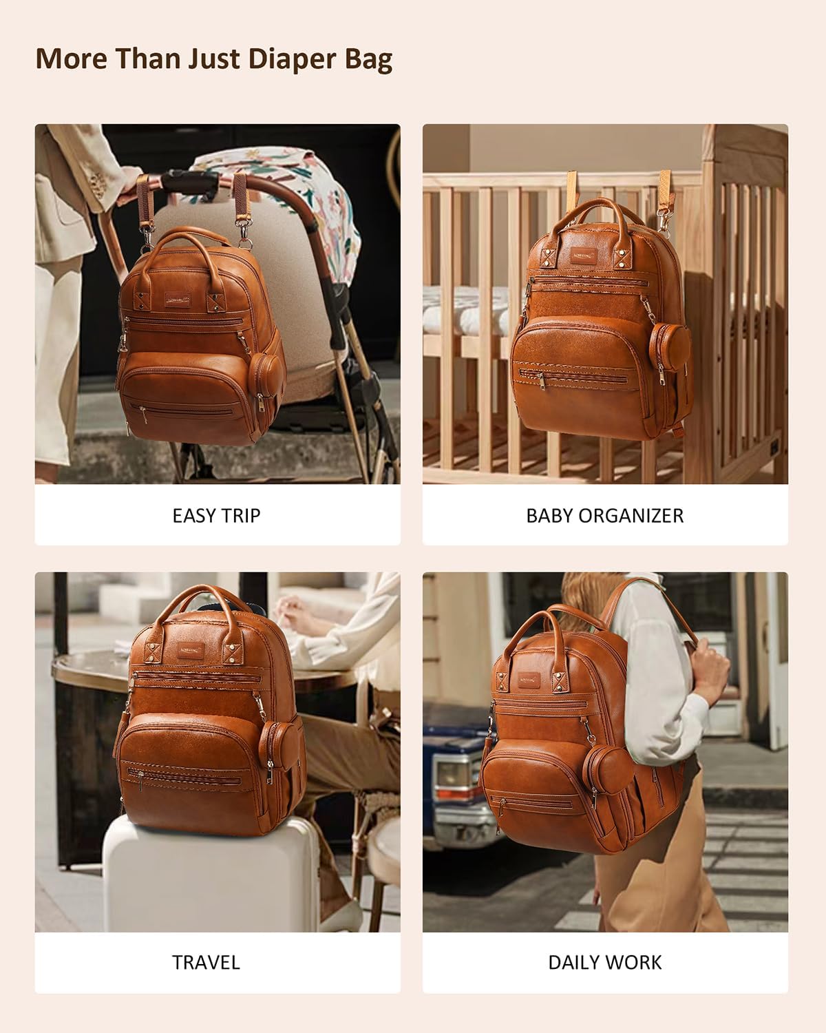Premium Vegan Leather Diaper Bag Backpack with Waterproof Changing Pad, Reinforced Zippers & Odor-Free, 20 Pockets Pro Organizer, Fits 15.6" Laptop, Stroller Straps, Baby Bag for Mom, Grey