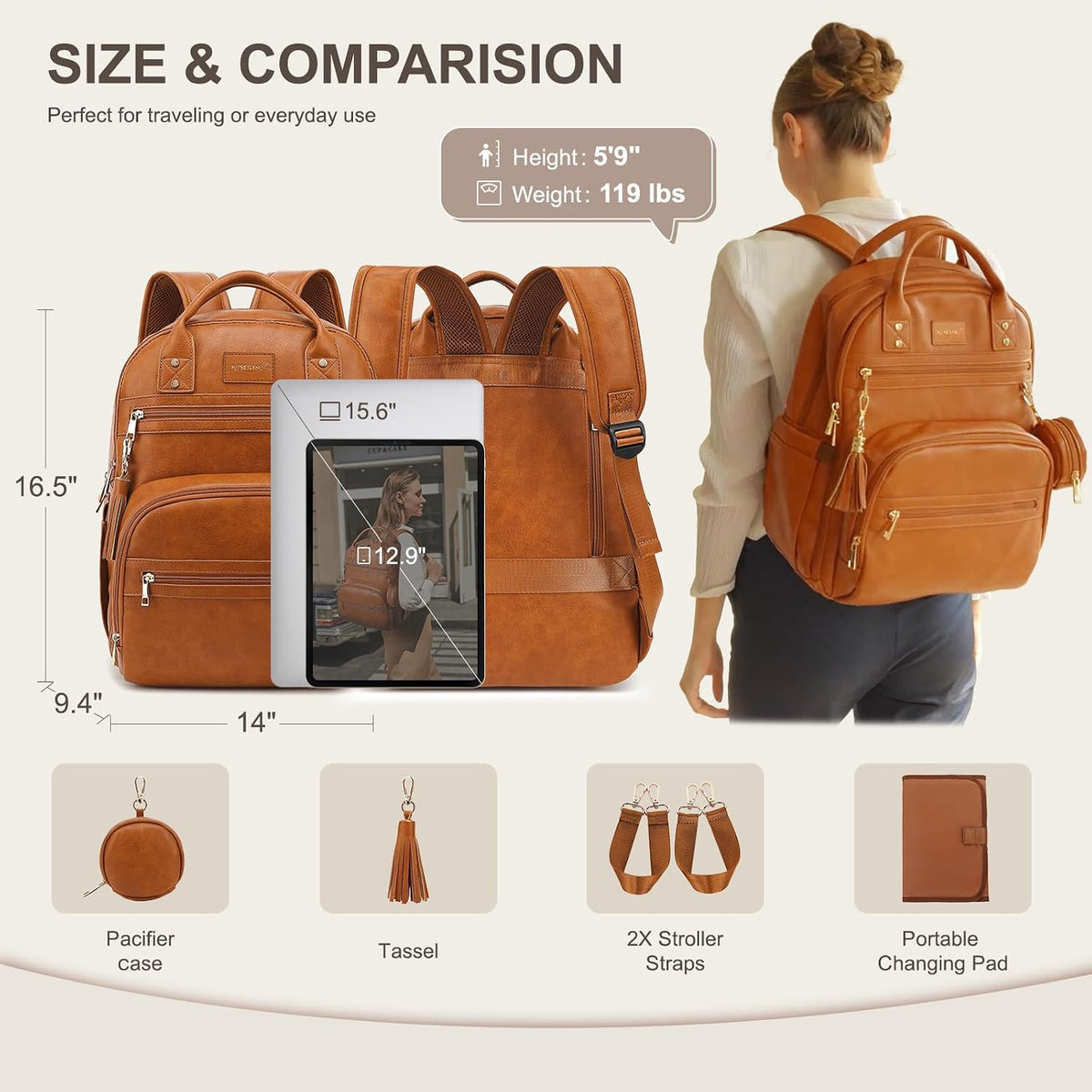 Premium Vegan Leather Diaper Bag Backpack with Waterproof Changing Pad, Reinforced Zippers & Odor-Free, 20 Pockets Pro Organizer, Fits 15.6" Laptop, Stroller Straps, Baby Bag for Mom, Grey