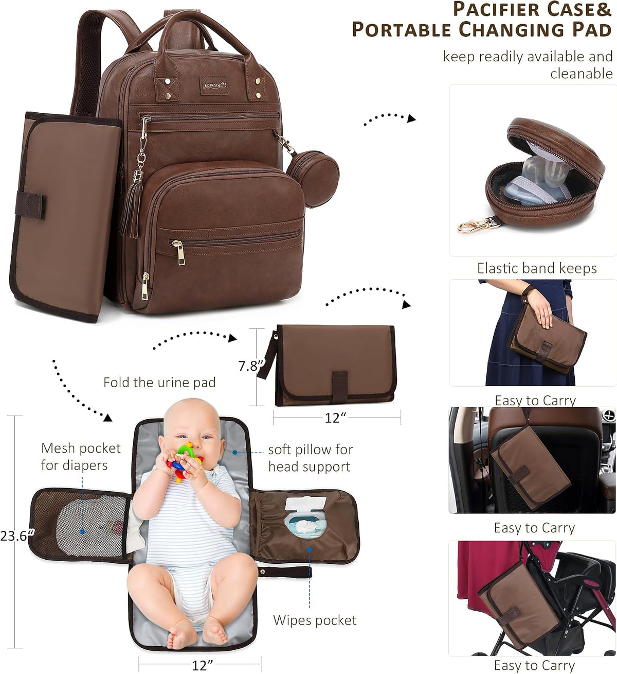 Premium Vegan Leather Diaper Bag Backpack with Waterproof Changing Pad, Reinforced Zippers & Odor-Free, 20 Pockets Pro Organizer, Fits 15.6" Laptop, Stroller Straps, Baby Bag for Mom, Grey