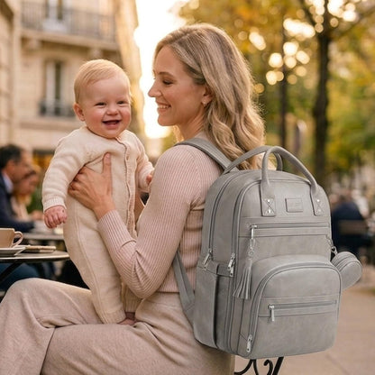 Premium Vegan Leather Diaper Bag Backpack with Waterproof Changing Pad, Reinforced Zippers & Odor-Free, 20 Pockets Pro Organizer, Fits 15.6" Laptop, Stroller Straps, Baby Bag for Mom, Grey