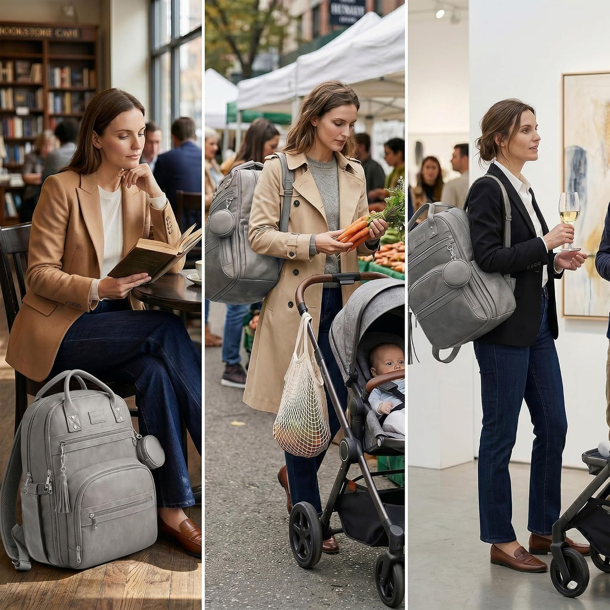 Premium Vegan Leather Diaper Bag Backpack with Waterproof Changing Pad, Reinforced Zippers & Odor-Free, 20 Pockets Pro Organizer, Fits 15.6" Laptop, Stroller Straps, Baby Bag for Mom, Grey