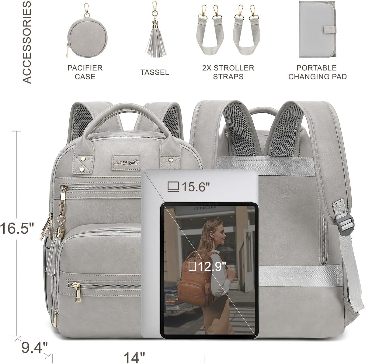 Premium Vegan Leather Diaper Bag Backpack with Waterproof Changing Pad, Reinforced Zippers & Odor-Free, 20 Pockets Pro Organizer, Fits 15.6" Laptop, Stroller Straps, Baby Bag for Mom, Grey