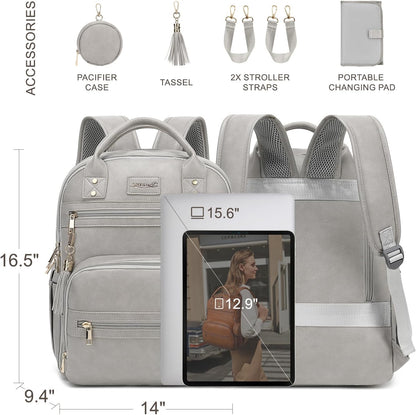 Premium Vegan Leather Diaper Bag Backpack with Waterproof Changing Pad, Reinforced Zippers & Odor-Free, 20 Pockets Pro Organizer, Fits 15.6" Laptop, Stroller Straps, Baby Bag for Mom, Grey