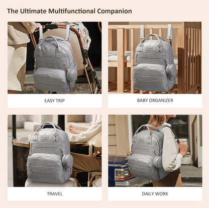 Premium Vegan Leather Diaper Bag Backpack with Waterproof Changing Pad, Reinforced Zippers & Odor-Free, 20 Pockets Pro Organizer, Fits 15.6" Laptop, Stroller Straps, Baby Bag for Mom, Grey