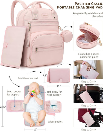 Premium Vegan Leather Diaper Bag Backpack with Waterproof Changing Pad, Reinforced Zippers & Odor-Free, 20 Pockets Pro Organizer, Fits 15.6" Laptop, Stroller Straps, Baby Bag for Mom, Grey
