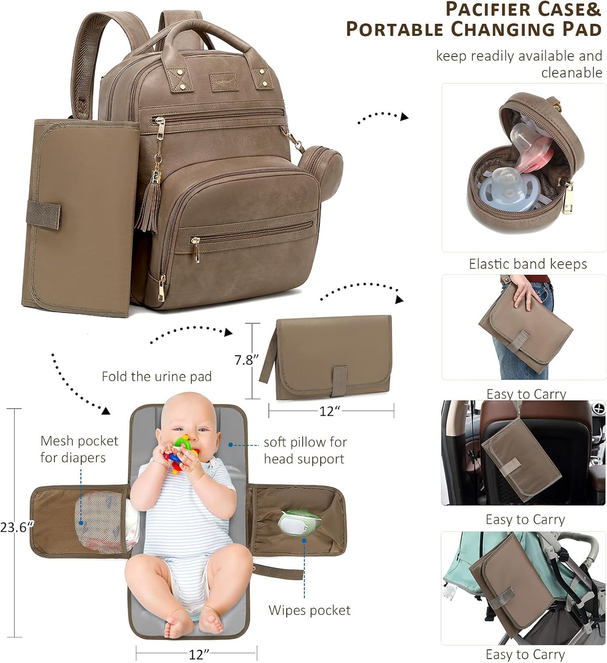 Premium Vegan Leather Diaper Bag Backpack with Waterproof Changing Pad, Reinforced Zippers & Odor-Free, 20 Pockets Pro Organizer, Fits 15.6" Laptop, Stroller Straps, Baby Bag for Mom, Grey