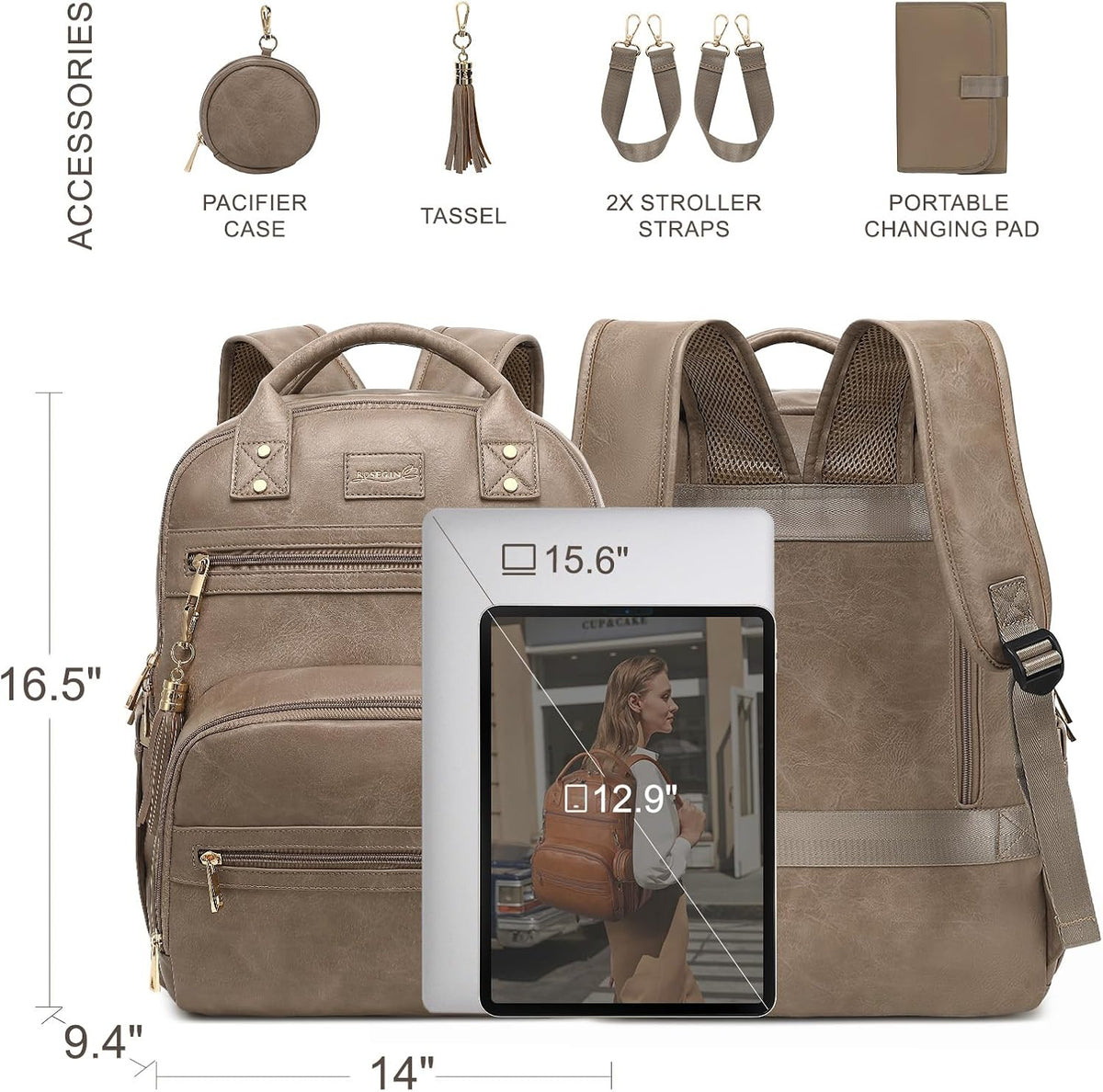 Premium Vegan Leather Diaper Bag Backpack with Waterproof Changing Pad, Reinforced Zippers & Odor-Free, 20 Pockets Pro Organizer, Fits 15.6" Laptop, Stroller Straps, Baby Bag for Mom, Grey