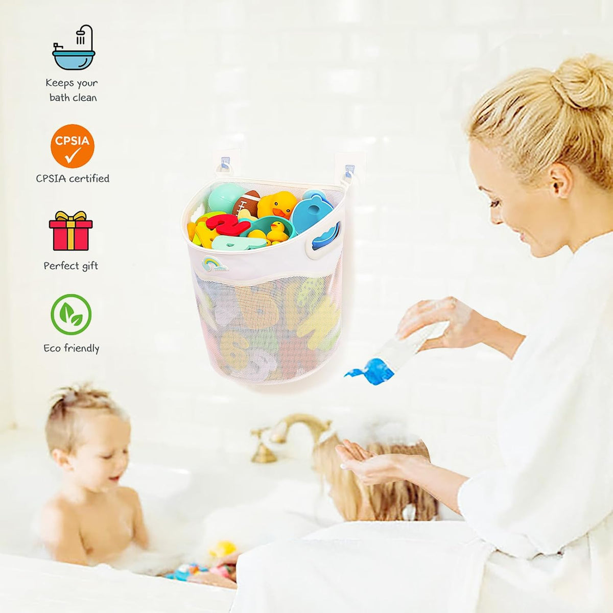 Quick-Fetch Way Mesh Bath Toy Holder, Wide Opening and Large Capacity Bath tub Toy Storage for Easy Access to Toys, Space-Saving Wall-Mounted Bath Toy Organizer, Quick Dry Bathtub Toy Holder