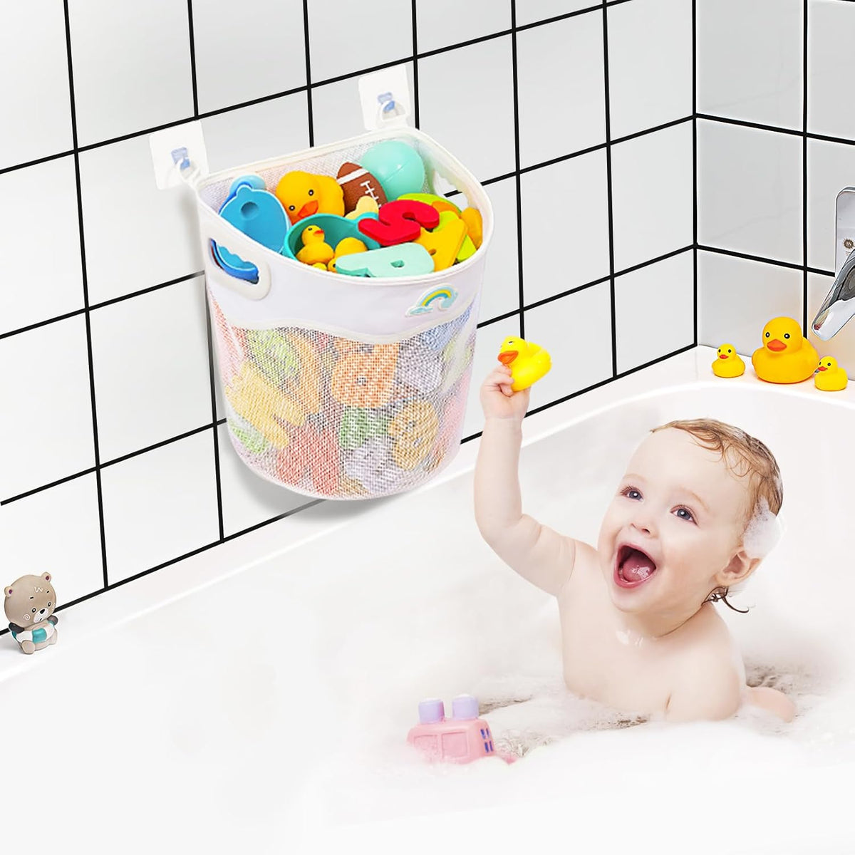 Quick-Fetch Way Mesh Bath Toy Holder, Wide Opening and Large Capacity Bath tub Toy Storage for Easy Access to Toys, Space-Saving Wall-Mounted Bath Toy Organizer, Quick Dry Bathtub Toy Holder